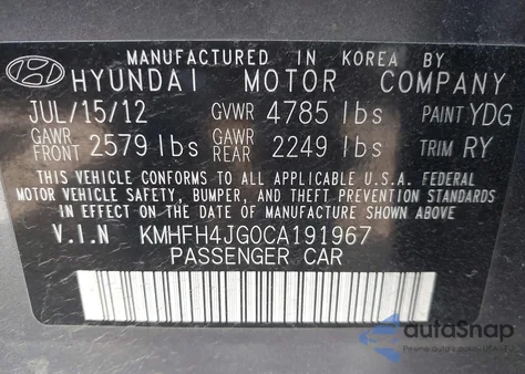 2012 Hyundai Azera from USA, damaged, VIN KMHFH4JG0CA191967